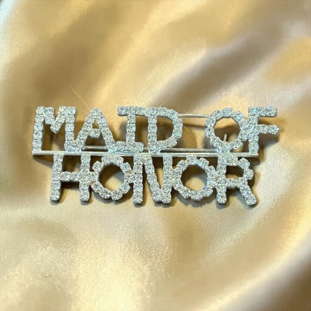 Vintage Rhinestone Maid of Honor Brooch Wedding Bridal Pin Silver Tone Statement